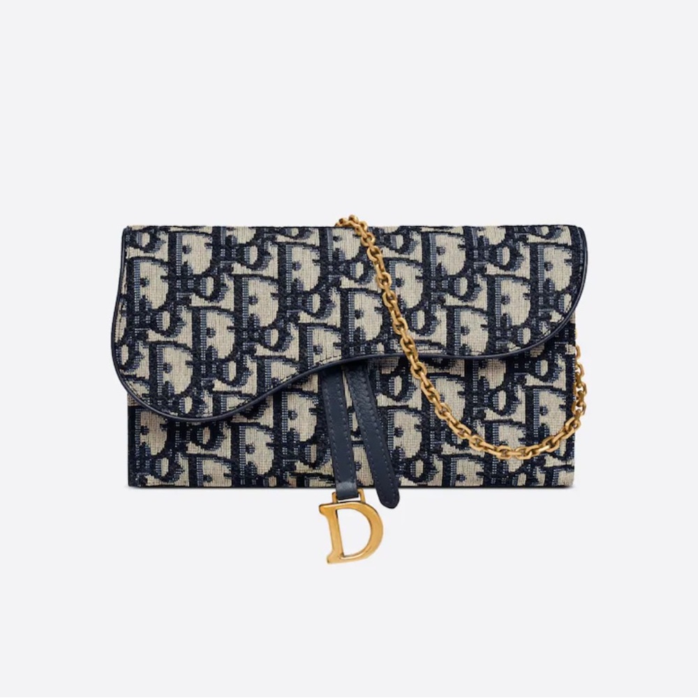 Dior long saddle wallet with chain. Blue Dior Oblique Jacquard.